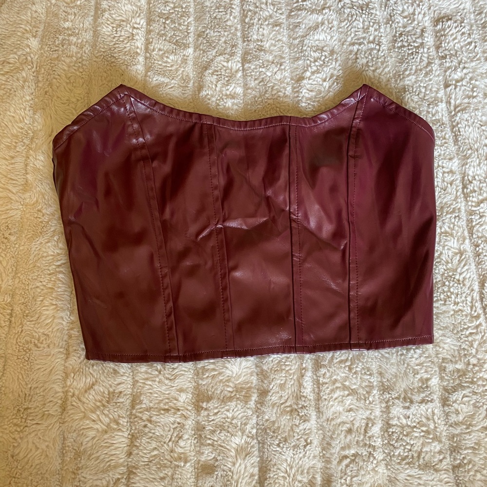 Burgundy Faux Leather Strapless Top